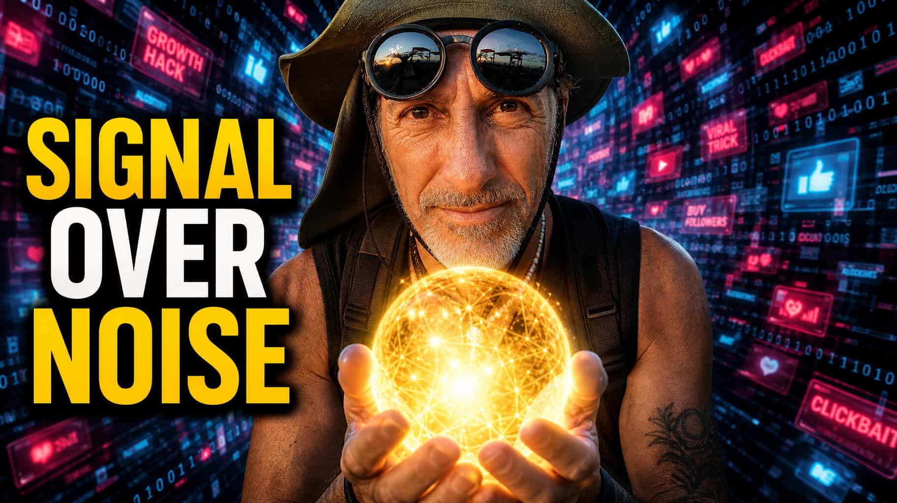 A man, Robin Good, in outdoor gear holds a glowing orb, standing in front of a digital background filled with social media icons and messages. Large yellow text reads “SIGNAL OVER NOISE.”.