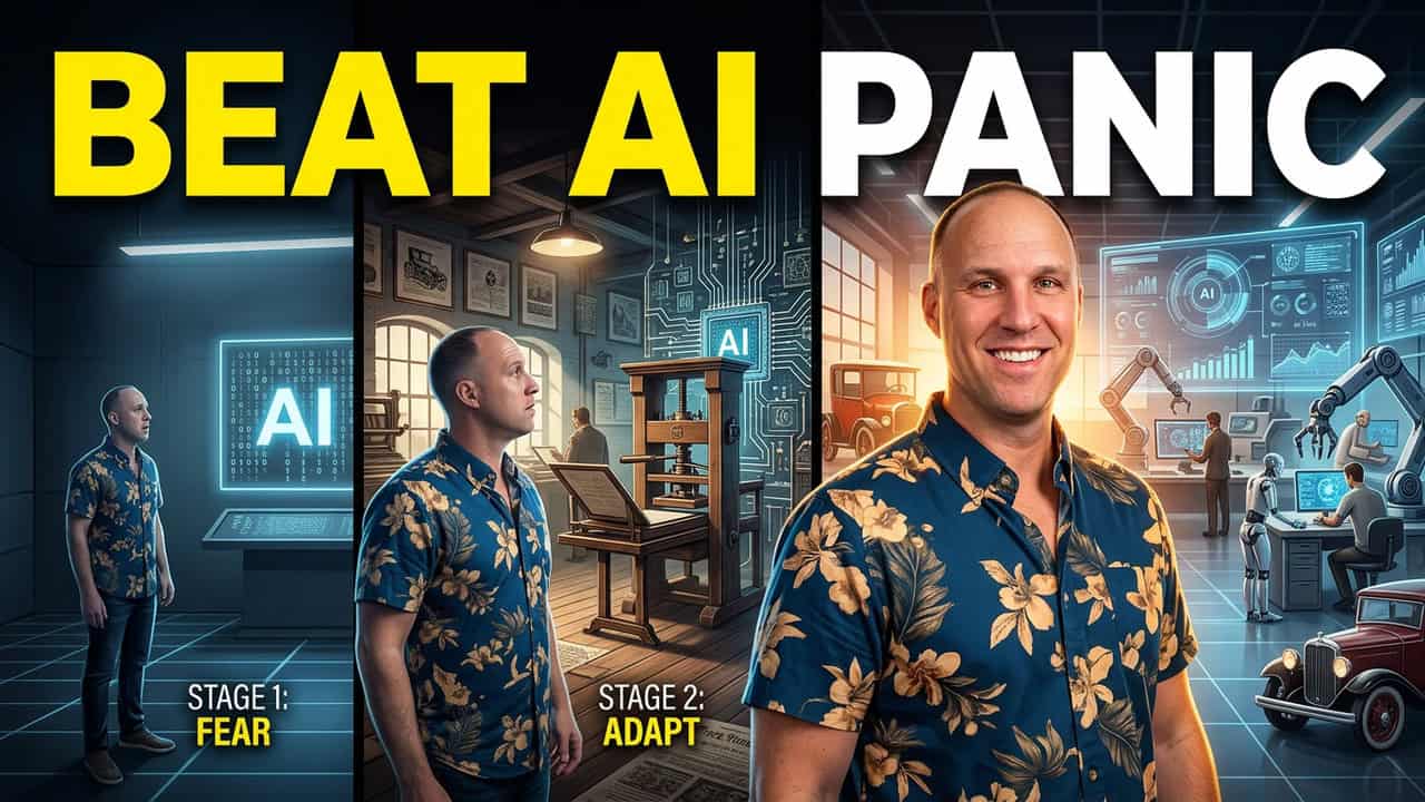 A smiling man, Tyson Gaylord, in a floral shirt stands in three scenes: “FEAR” in a dark room, “ADAPT” with vintage tech, and “PANIC” in a futuristic AI lab. Text reads: “BEAT AI PANIC.”. Demystifying Artificial Intelligence: Hype, History, and Human Impact.