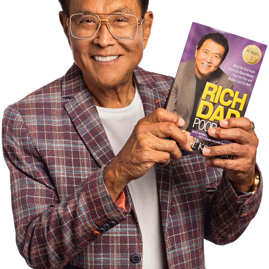 A smiling Robert Kiyosaki in glasses and a plaid blazer holds up "Rich Dad Poor Dad," sharing insights from the cash flow quadrant and Financial Literacy: The Costly Mistake Everyone Makes with Rich Dad Poor Dad (Book Review).