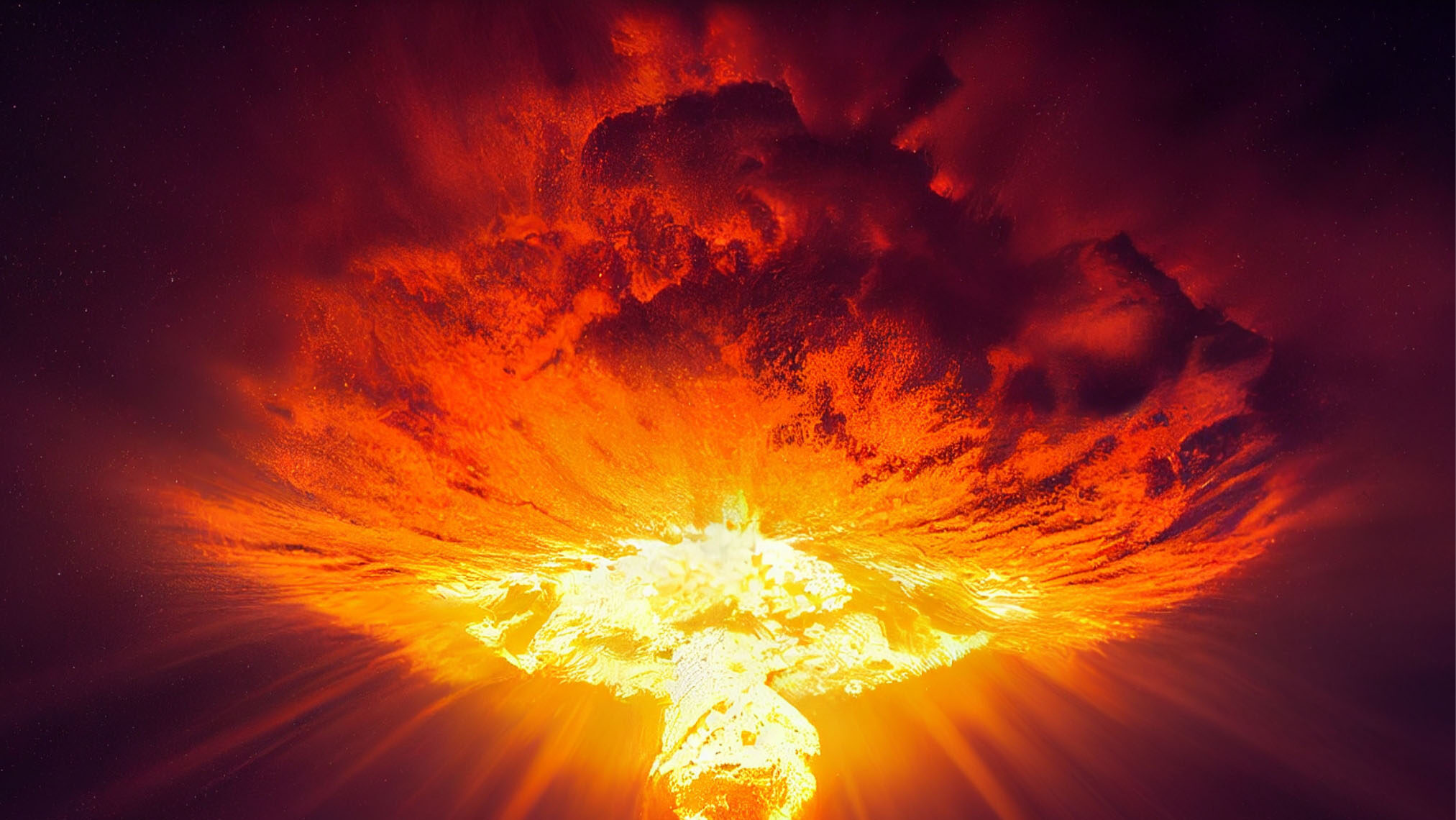 A massive explosion in space with a fiery mushroom cloud and bright light, resembling a nuclear blast or cosmic event.