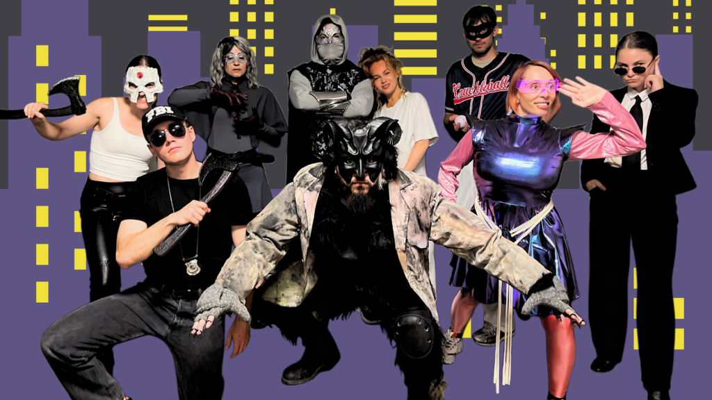 Diverse theater performers in costumes and masks pose against a cityscape backdrop, showcasing theatrical talent and creativity.
