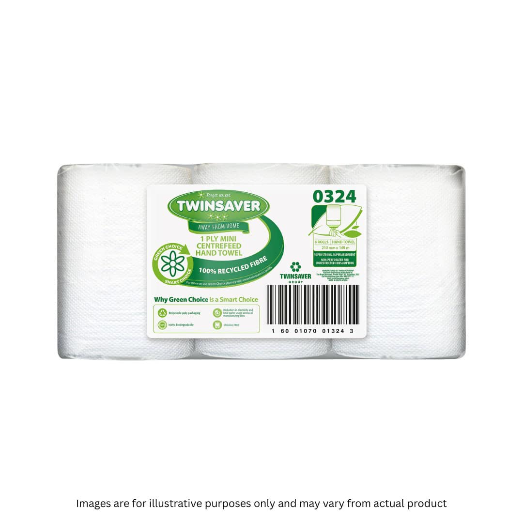 TWINSAVER | 1 PLY MINI CENTREFEED HAND TOWEL X 6 ROLLS | ITEM CODE: 324