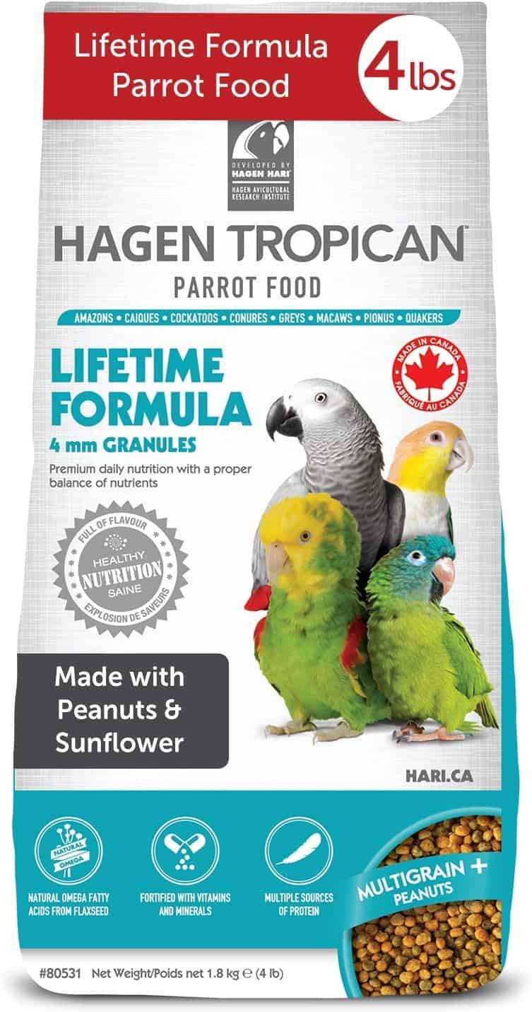 Hari Hagen Tropican Lifetime Formula Parrot Food, 4 lb Parrot Food with Peanuts & Sunflower Seeds and Balance Nutrition Levels