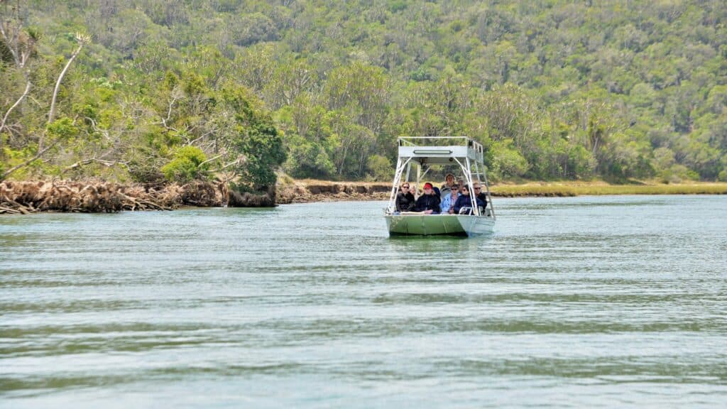A group of tourists enjoying a boat cruise on a tranquil river surrounded by lush green forested banks in South Africa.