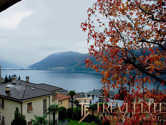 Очаровательный вид на озеро и горы с живописной осенней листвой, показывающий элитные дома у воды, ideal для презентации эксклюзивной недвижимости в Треви Элит.