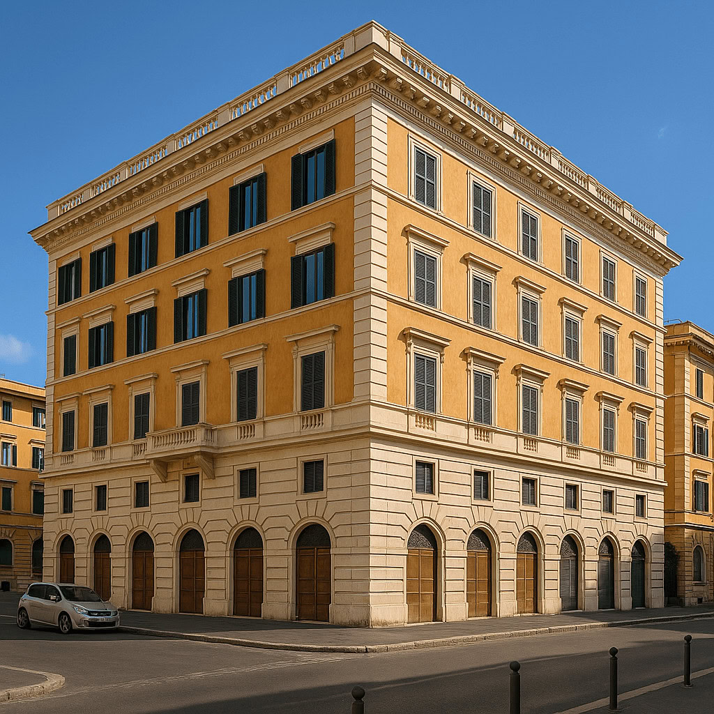 Элитное здание в классическом стиле на солнечной улице с ярко-голубым небом на заднем плане.