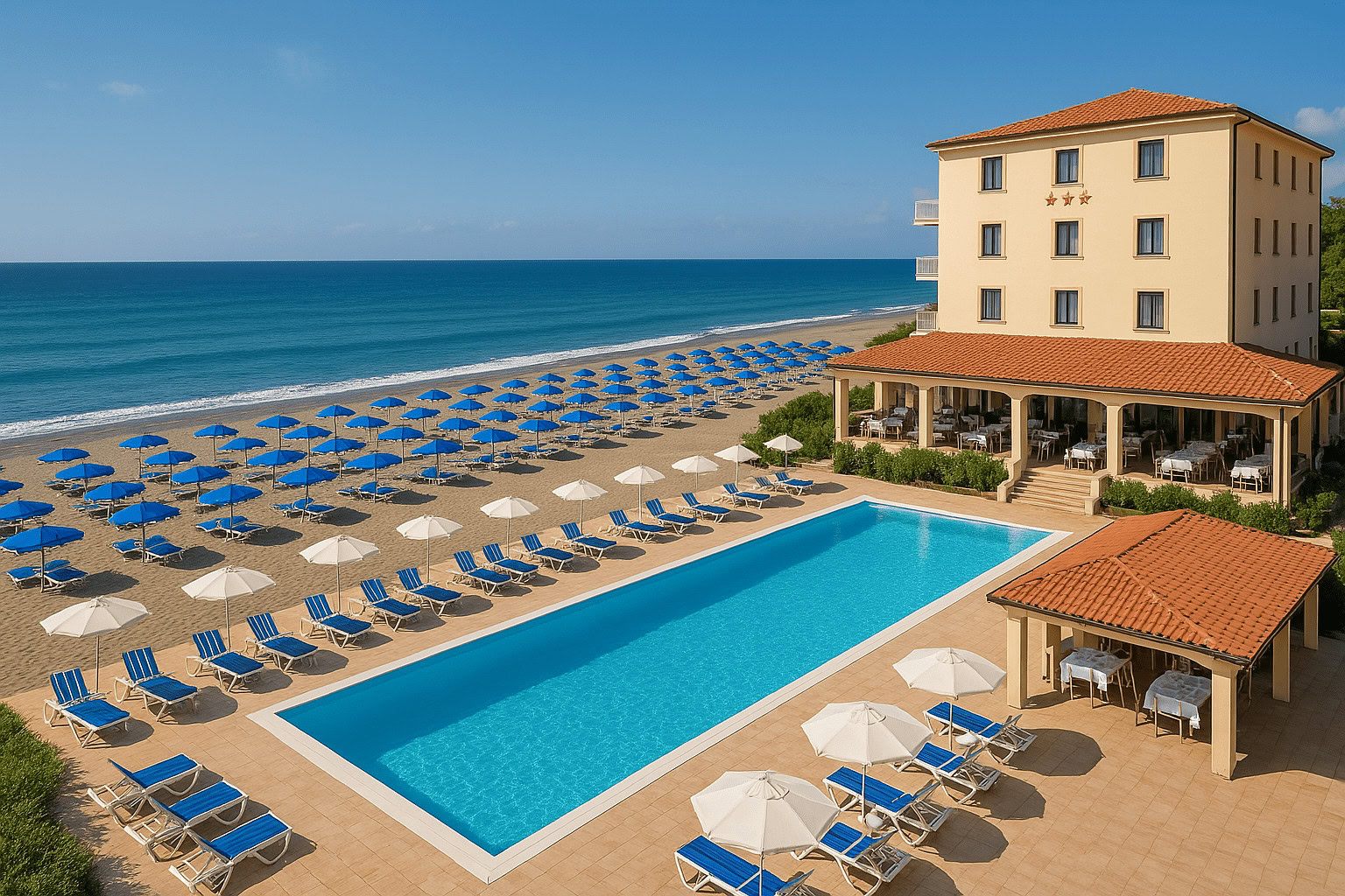 Роскошный отель на берегу моря с бассейном и панорамным видом на океан, окружённый пляжами с зонтами и шезлонгами, идеально подходит для отдыха и проживания в эксклюзивной недвижимости.