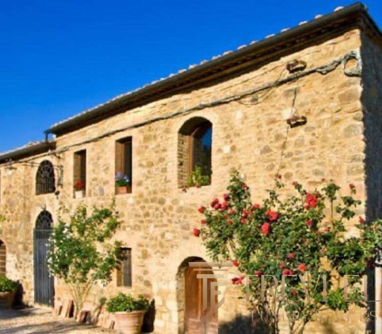 Уникальный каменный дом в Тоскане, Италия, окружён садом с цветущими деревьями и яркими розами, идеально подходит для роскошной покупки у агентства недвижимости Треви Элит.