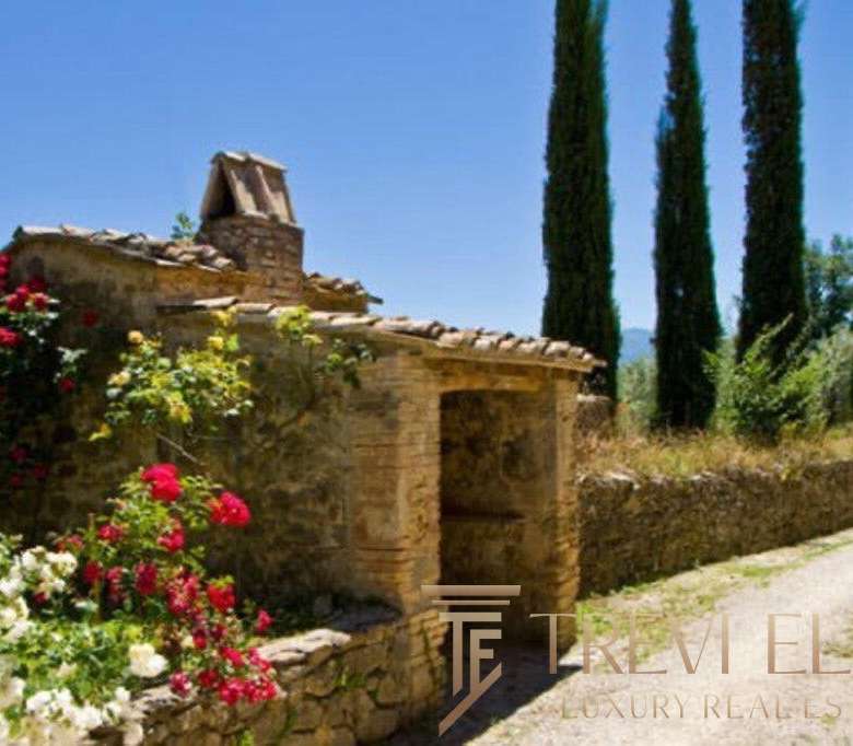 Загородный дом в тосканском стиле с каменной кладкой и цветущими розами, окружённый высокими кипарисами, в живописной итальянской природе. Идеальное место для элитной недвижимости.