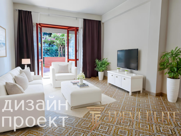 Современная гостиная с белой мебелью и панорамными окнами, выходящими на уютный балкон с зеленью, идеальна для отдыха и семейных вечеров, создавая уют и гармонию пространства.