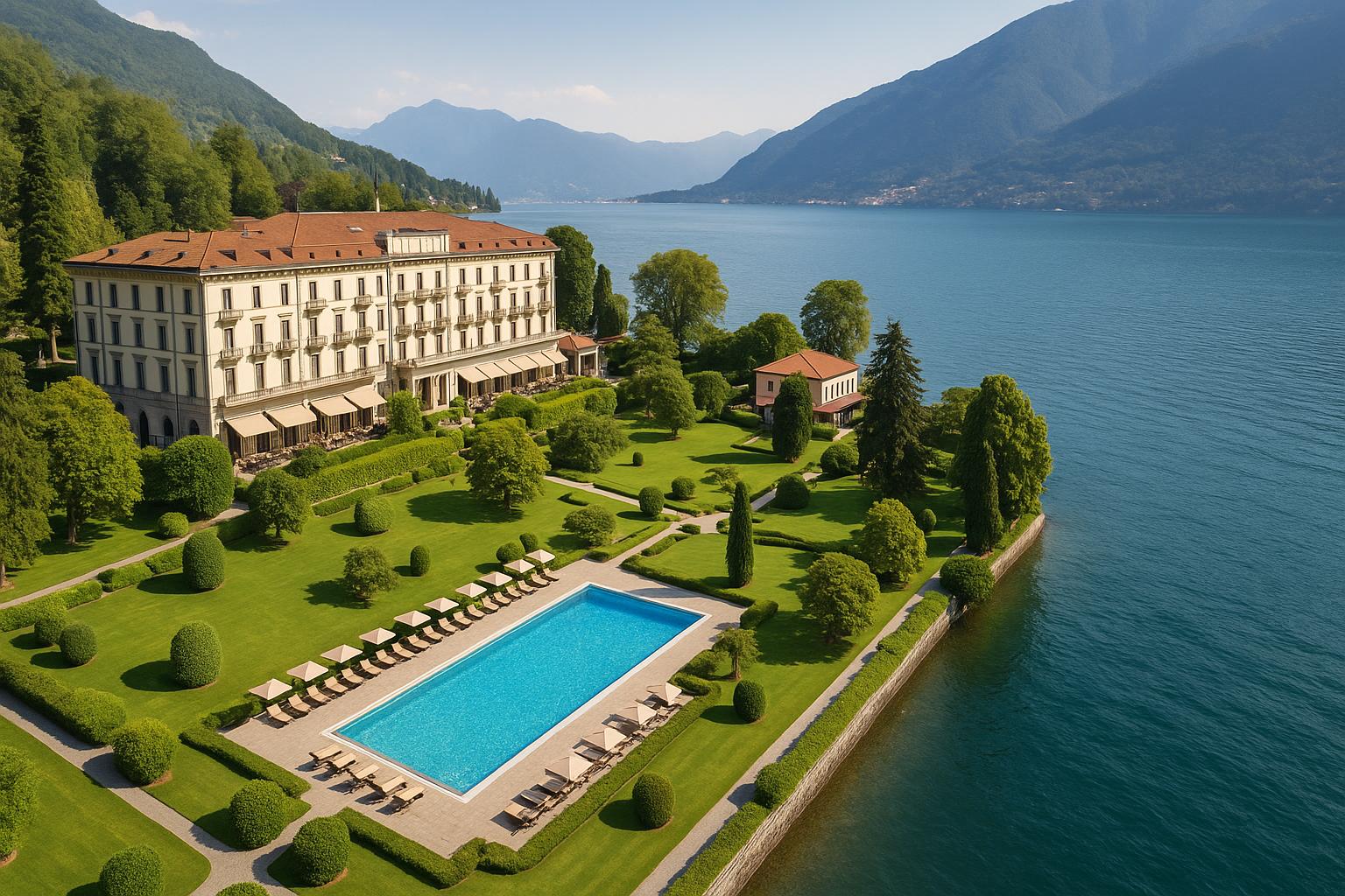 Роскошный отель на берегу озера с видом на горы, окружённый зелёными садами и бассейном, идеально для отдыха и проживания в живописной природе.