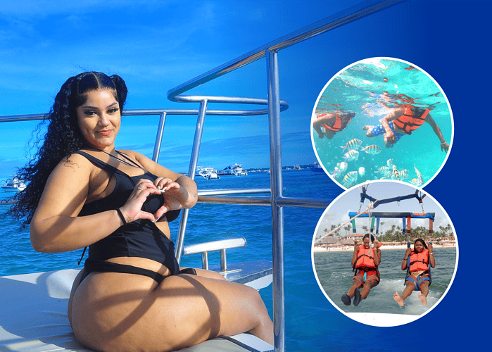 Punta Cana Woman enjoying a boat trip with snorkeling and parasailing adventures nearby.