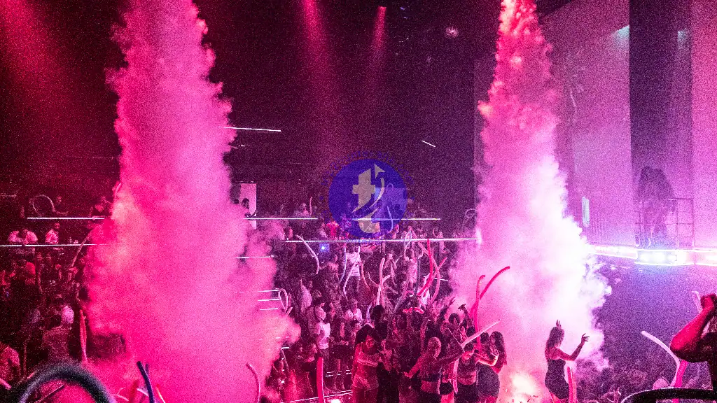 Punta Cana Crowd dancing and enjoying a lively nightclub with pink and purple smoke effects and energetic atmos.