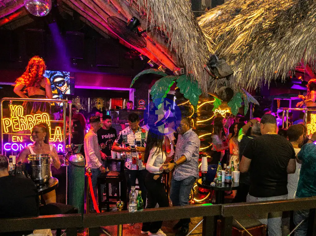Punta Cana A lively nightclub in Punta Cana with guests enjoying drinks and music under tropical decor.