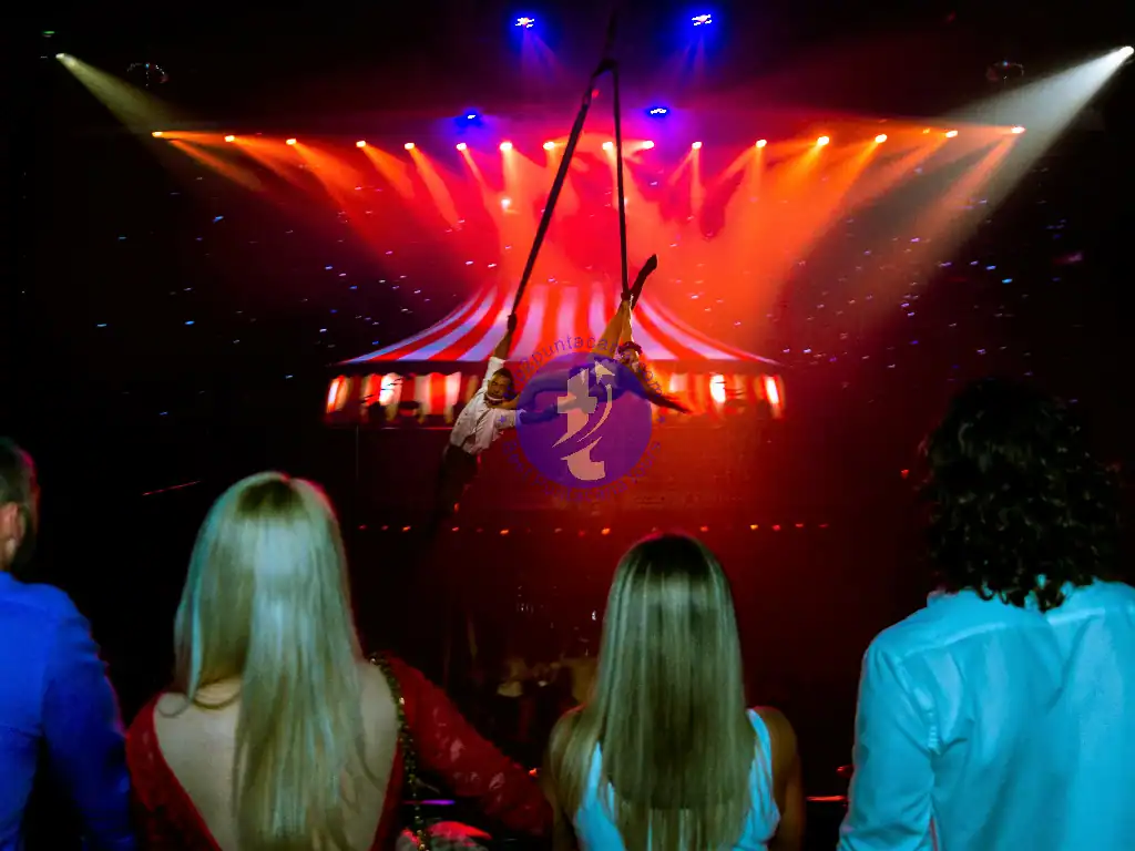 Punta Cana Aerial performers swinging on silks during a vibrant circus show in Punta Cana.