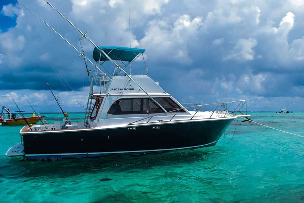 Punta Cana Luxury motorboat in turquoise Caribbean waters near Punta Cana, Dominican Republic.