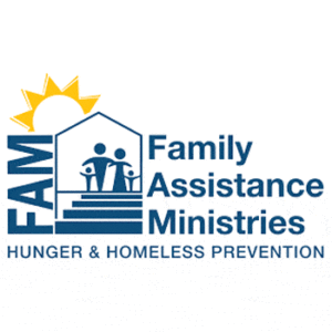 Logo of Family Assistance Ministries showing a stylized house with figures inside, a sun above, and the text "FAM Family Assistance Ministries Hunger & Homeless Prevention" beside it.