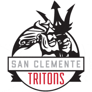 Black and white logo of San Clemente Tritons, featuring a stylized warrior's face and trident above the text.