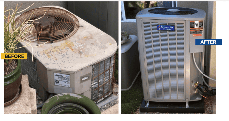 A comparison shows an old rusted air conditioning unit labeled "Before" and a new, clean unit labeled "After.