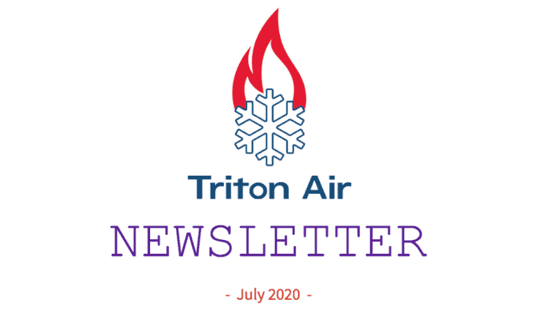 Triton Air newsletter cover with flame and snowflake logo, "Triton Air NEWSLETTER July 2020" text in blue, purple, and red on a white background.