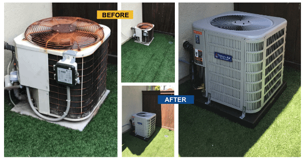 Side-by-side comparison of an old rusty air conditioning unit and a new, modern unit on artificial grass. "Before" and "After" labels distinguish the two.