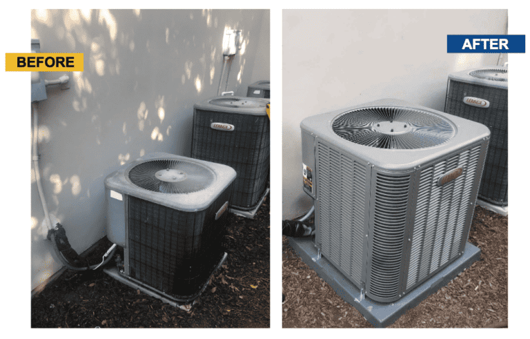 Side-by-side comparison showing an old air conditioning unit labeled "Before" and a newer unit labeled "After" next to a building wall.