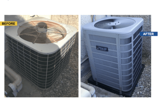 Side-by-side comparison of air conditioning units. Left: older, rusty unit labeled "Before." Right: new, clean unit labeled "After.