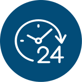 White clock icon with the number 24, indicating 24-hour service, on a blue circular background.