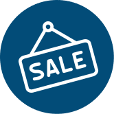 White "SALE" sign hanging on a blue circular background.