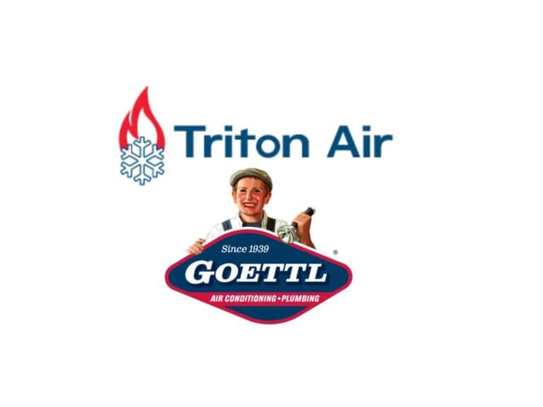 Logos for Triton Air and Goettl Air Conditioning & Plumbing, featuring a flame, snowflake, and cartoon boy holding a sign.