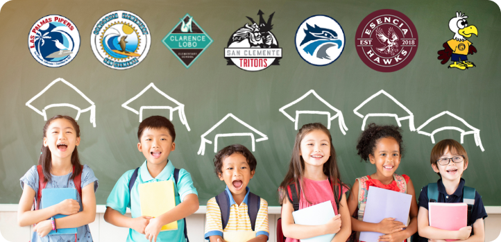 Six elementary school children stand smiling in front of a chalkboard with drawings of schoolhouses and various school logos displayed above them.