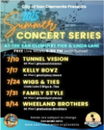 Poster for the 2024 Summer Concert Series in San Clemente, listing concert dates, band names, locations, and times from July 10 to August 14.