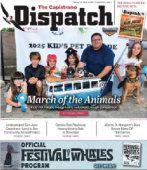 A group of children and adults poses with pets and a blue model van under a "2025 Kid's Pet Parade" banner on the cover of The Capistrano Dispatch newspaper.