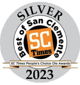 Circular badge showing "SILVER Best of San Clemente SC Times" and "SC Times People's Choice Ole Awards 2023.