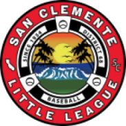 San Clemente Little League logo featuring a sunset, palm trees, ocean waves, and baseball icons with text around the border.