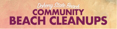 Banner with the text "Doheny State Beach Community Beach Cleanups" on a sandy-colored background.