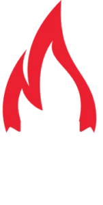 A white snowflake with a red flame above it on a black background.