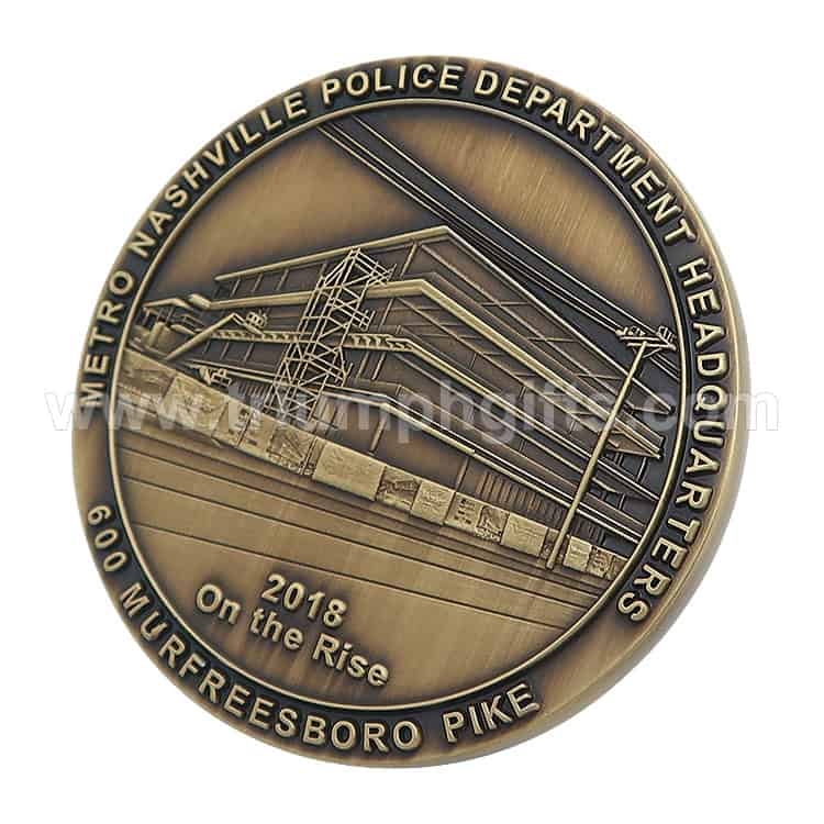 Nashville police department bronze commemorative medal featuring a detailed engraving of the Murfreesboro Pike station, engraved with event date 2018 and "On the Rise" text.