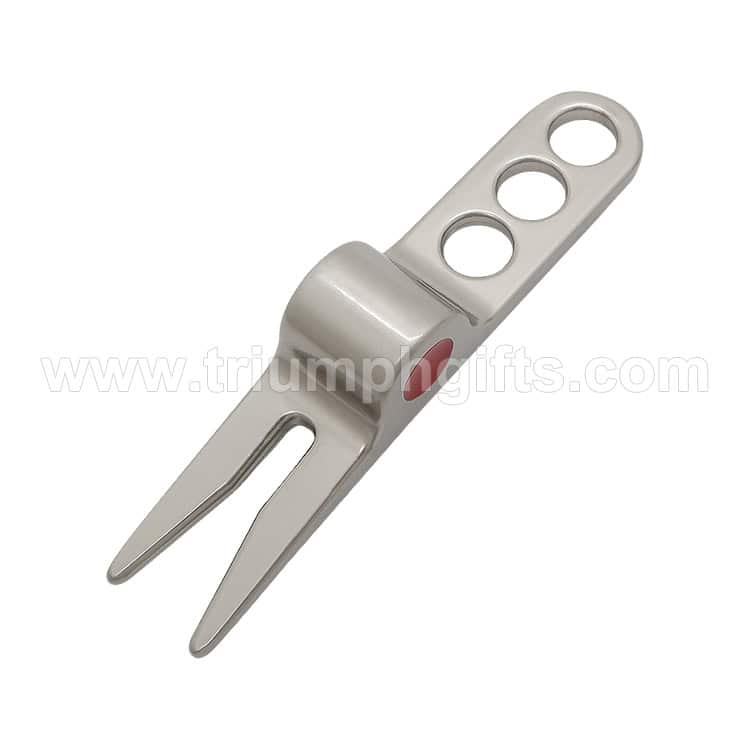 High-quality golf divot tool with two prongs, custom branding options available for promotional events and sports tournaments.