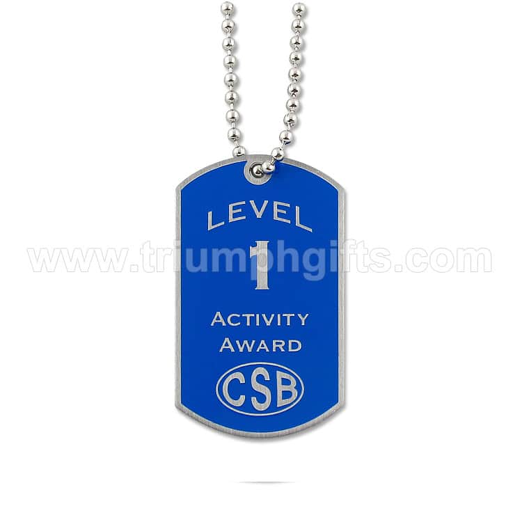 Shiny blue dog tag-style award with silver lettering for level achievement, attached to a ball chain necklace.