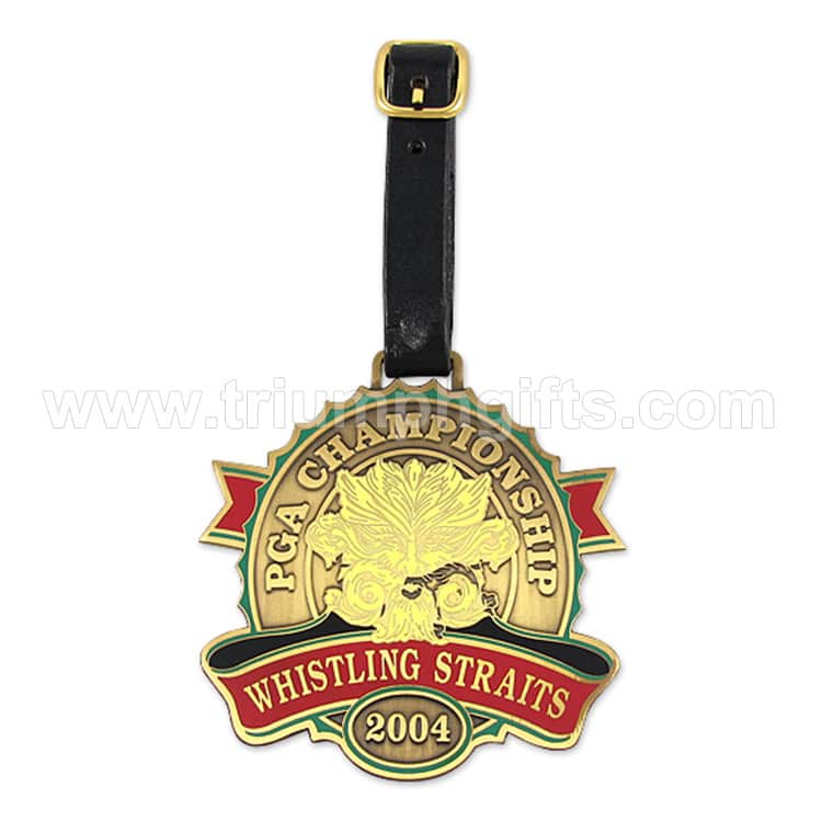 Custom PGA Championship Whistling Straits 2004 commemorative medal with leather strap for awards and recognition.