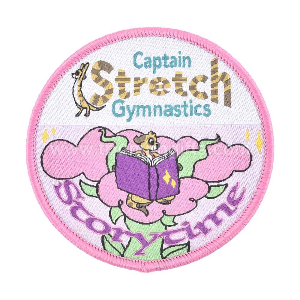 Bright embroidered patch featuring a cartoon lion gymnast on a pink flower with "Captain Stretch Gymnastics" text, perfect for customization on sports apparel or accessories.