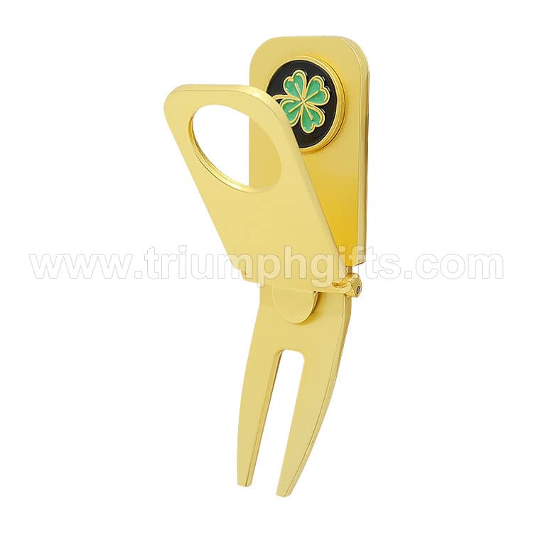 Golden bottle opener with shamrock emblem for promotional giveaways and corporate gifts.