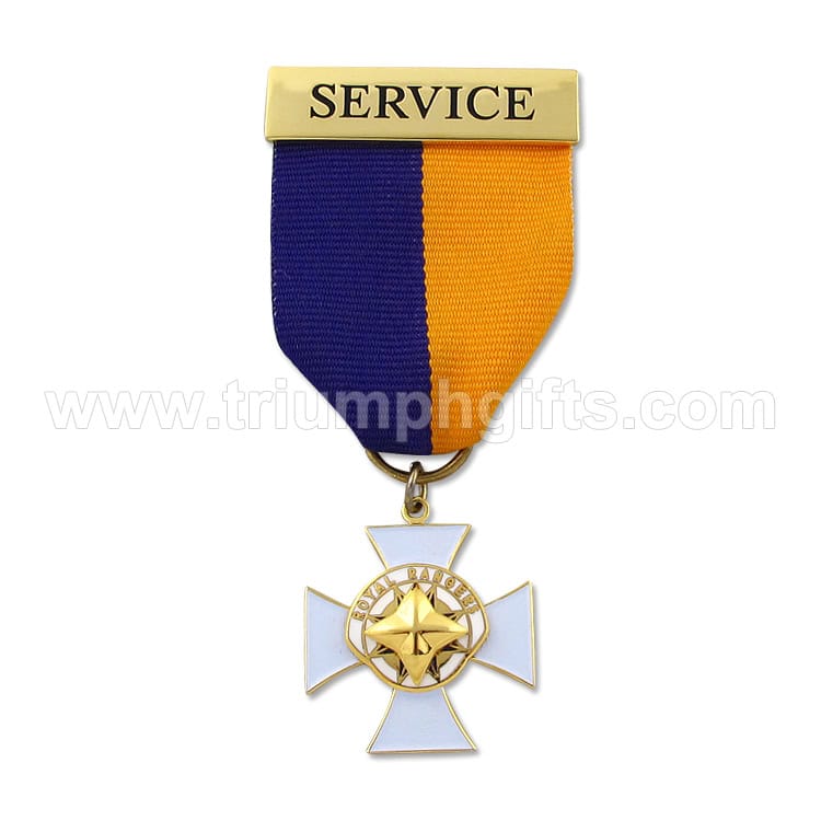 Medal with "Service" ribbon, gold and white design, commemorative award for outstanding service or achievement. Perfect for recognition events and ceremonies.