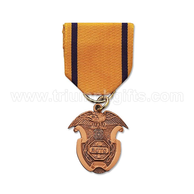 Medal with orange ribbon featuring navy blue stripes, designed for award recognition and appreciation. Perfect for sports, achievements, and commemorative events. Customizable for various organizations.