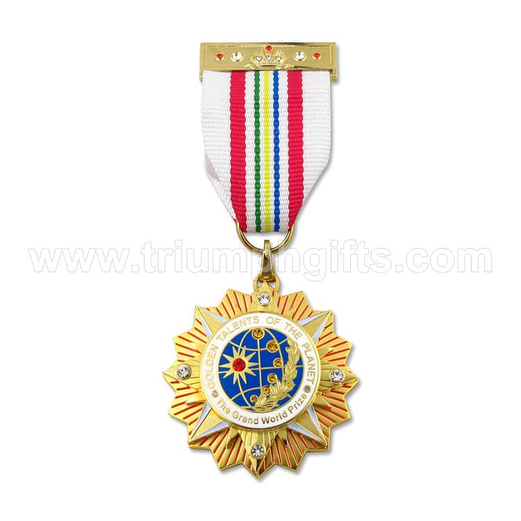 Gold medal with colorful ribbon and engraved inscription celebrating talents of the planet and winning the grand world prize. Suitable for awards, recognition, and special achievements.