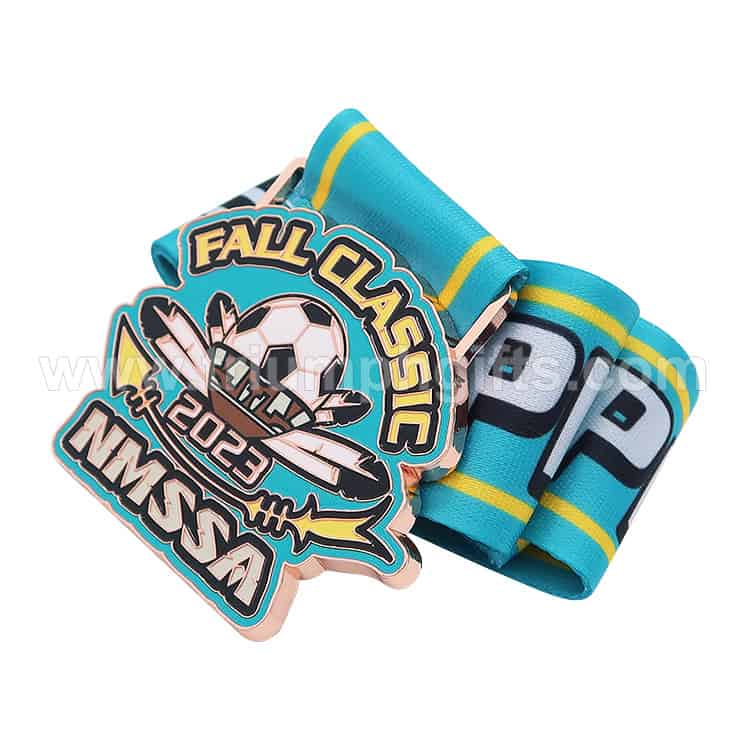 Fall classic soccer medal with wings, soccer ball, and vibrant ribbon designed for custom sports awards and recognition.