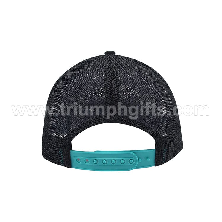 Custom promotional trucker cap with adjustable snapback in black mesh and teal plastic strap, perfect for branded apparel and promotional giveaways.