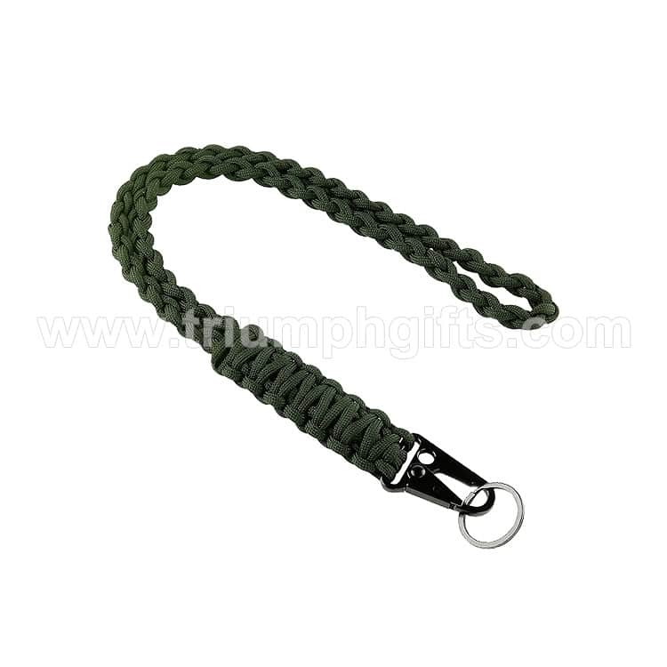 Braided green paracord keychain with metal clip, customizable promotional product for outdoor, military, and adventure enthusiasts. Perfect for giveaways, awards, or branding.