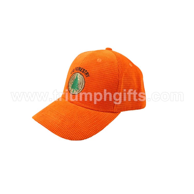 Embroidered orange cap with Forest Service logo, perfect for outdoor uniforms and promotional giveaways. Customizable for outdoor organizations and events.